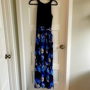 Navy blue and floral, sleeveless size 8 floor length dress